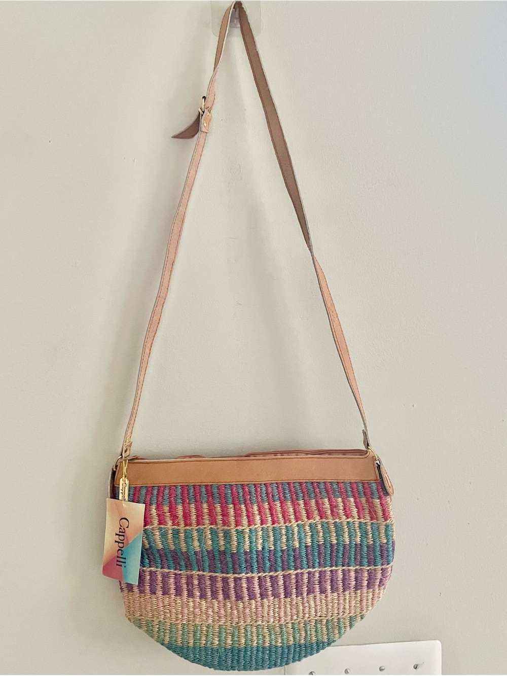 NWT- Capelli Multicolor Woven Straw Shoulder Bag with Tan Strap - Picture 5 of 12